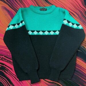 Vtg Carlo Gruber ski sweater geometric black teal turquoise 60s 70s M